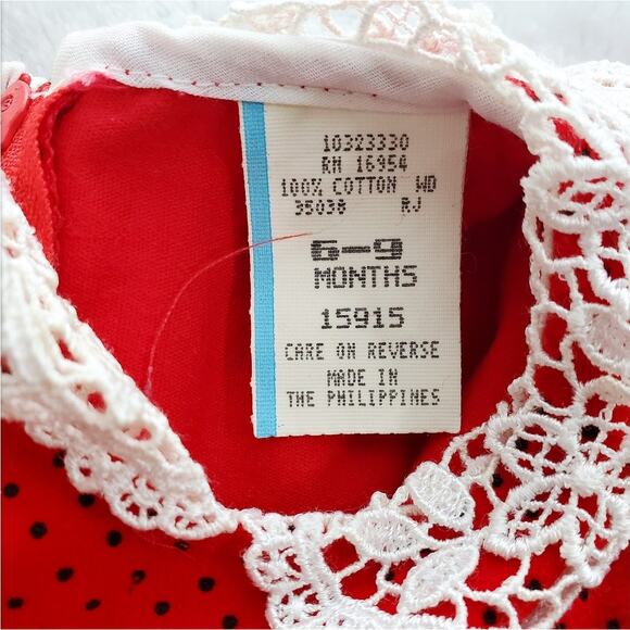 VTG 80s Red and Polkadot Velour Smocked Romper 6-9 Months - Picture 10 of 12